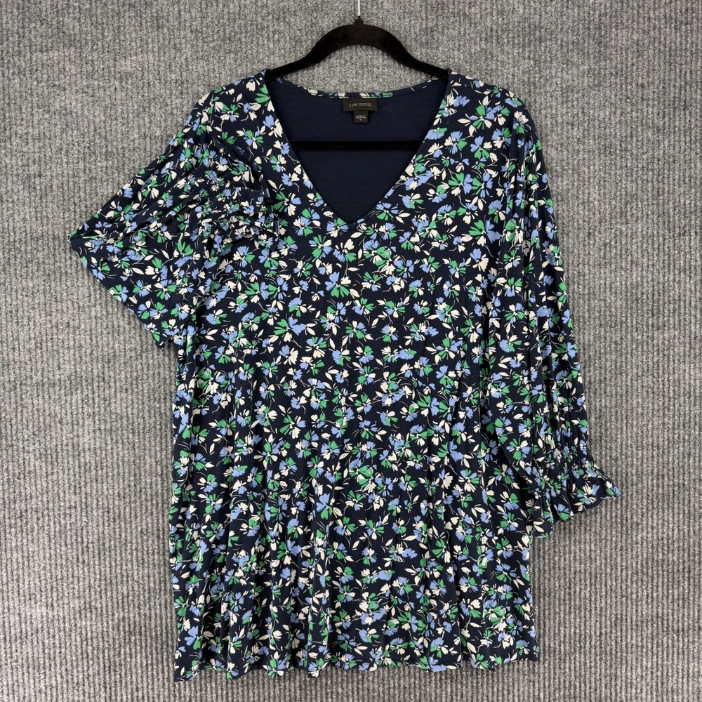 J. Jill Wearever Floral V-Neck Tunic Top Navy Blue Green XL Smocked Sleeve